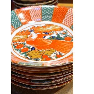 Vintage Arita Japanese Peacock Bowl Set 4 pc Scalloped Rim Orange Green‎ Gold